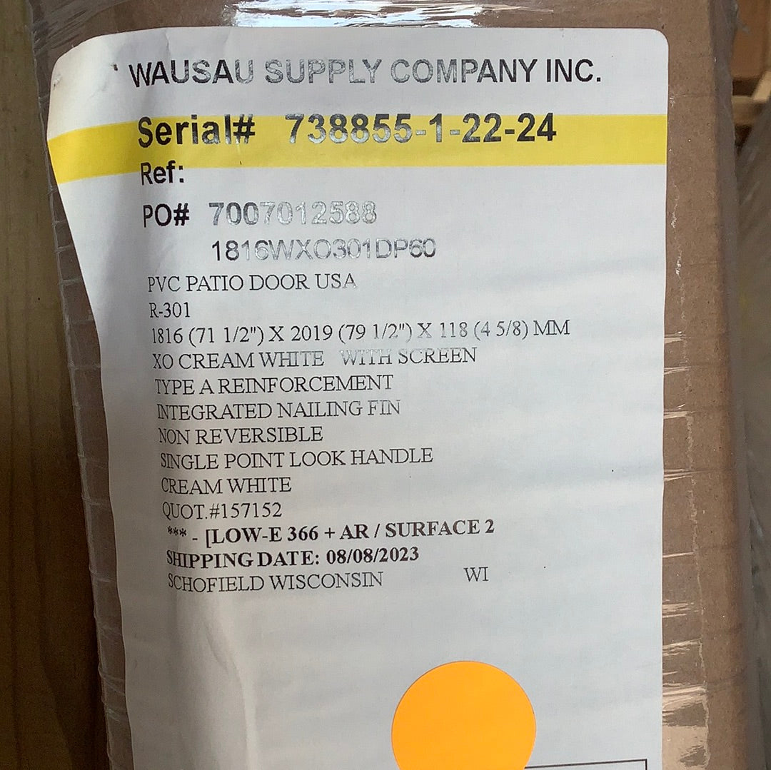 Patio door - 6068-OX 301 Patio WH Low E glass with Screen