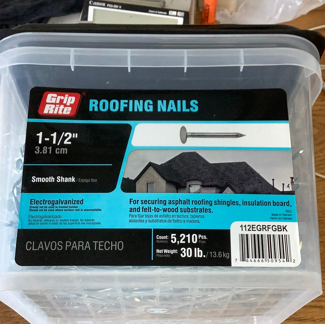 Grip Rite - 1 1/2” Smooth shank Siding Nails - 30# bucket